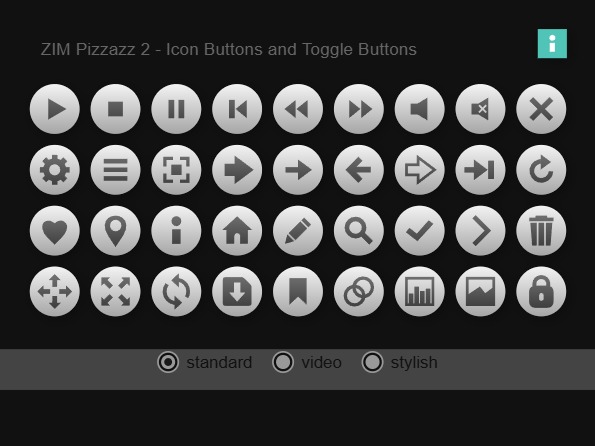 Zapp: <span style=color:#995599>Bits</span><br>Icon Buttons and Toggle Buttons with Pizzazz | ZIM JavaScript Canvas Framework - Code Creativity